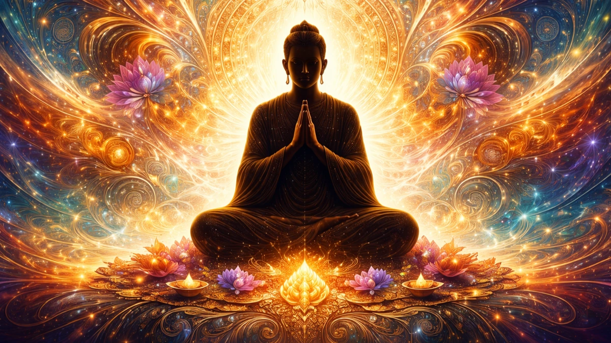 Artistic abstract silhouette wallpaper of a Jain Acharya in meditation