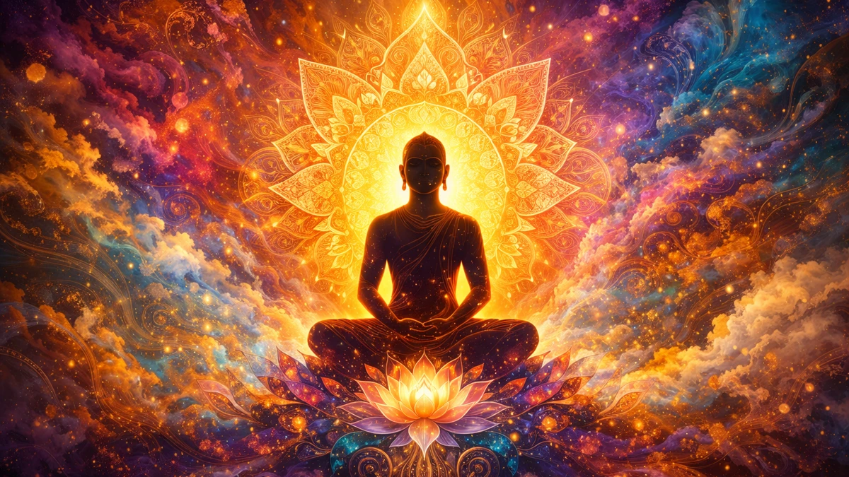 Artistic abstract silhouette of a Jain Guru meditating in lotus posture with a radiant golden halo and cosmic spiritual background symbolizing peace and enlightenment.