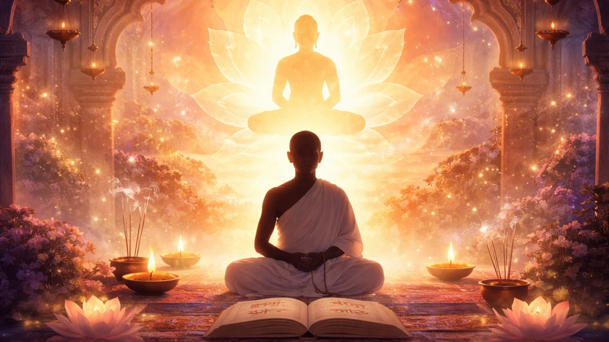 Artistic abstract silhouette wallpaper depicting Samayik Aalochana meditation, symbolizing Jain spiritual introspection and inner peace