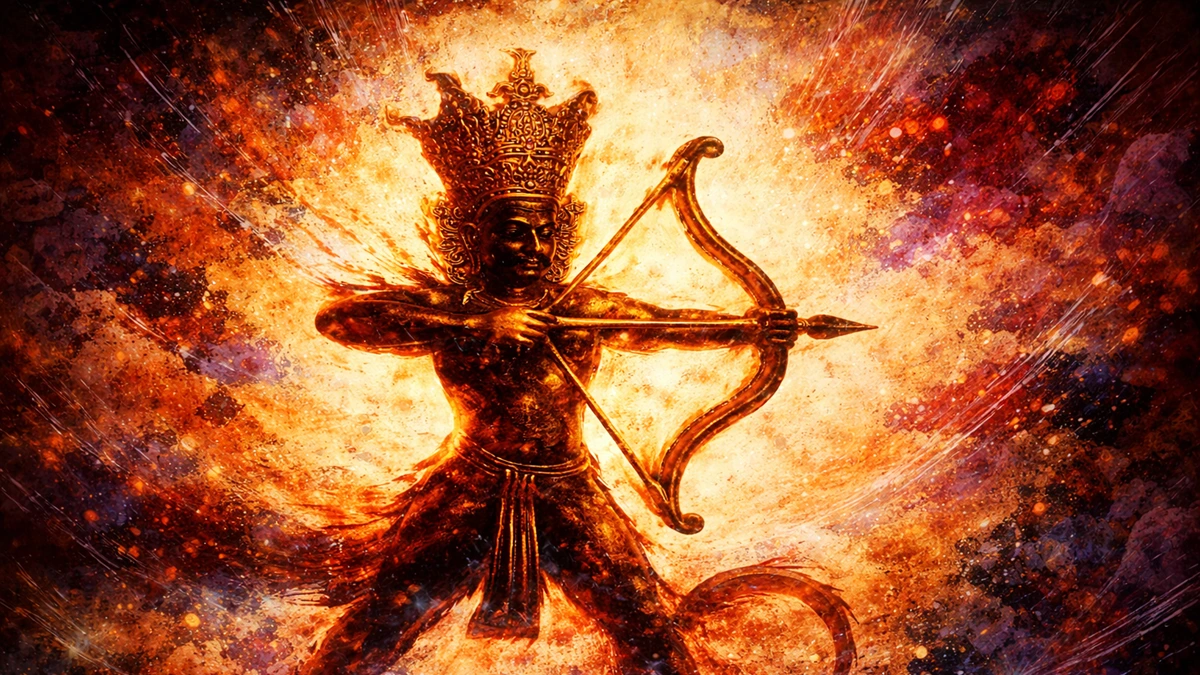 artistic abstract silhouette wallpaper of Ghantakarna Mahavir with bow and arrow