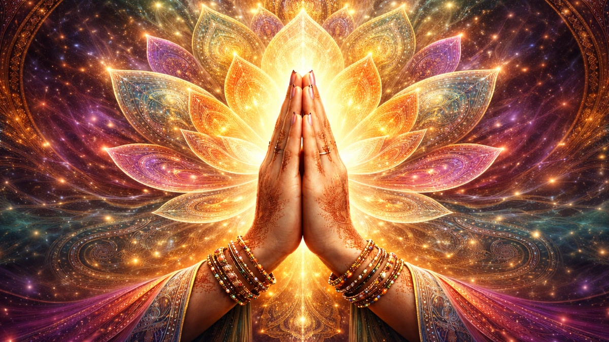 Namaste prayer hands with glowing lotus in a spiritual artistic background