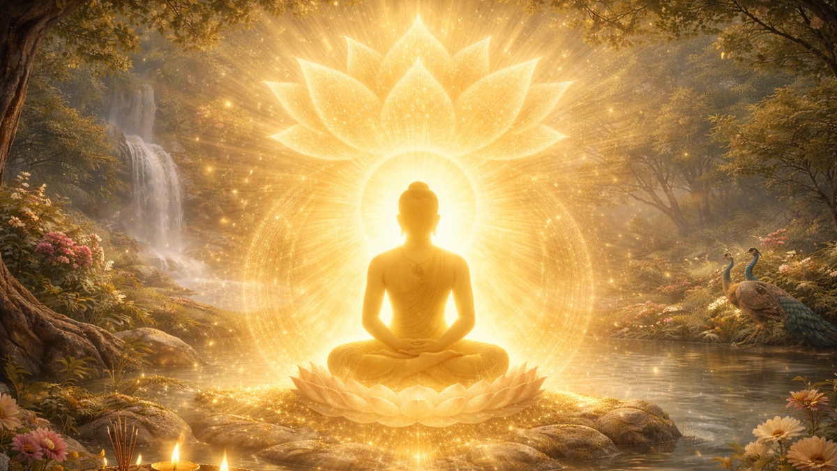 जैन तीर्थंकर भगवान महावीर का ध्यानरत प्रतीकात्मक प्रकाश-स्वरूप, समवसरण-भाव, कमलासन और दिव्य तेज के साथ जैन भक्ति का शांत दृश्य