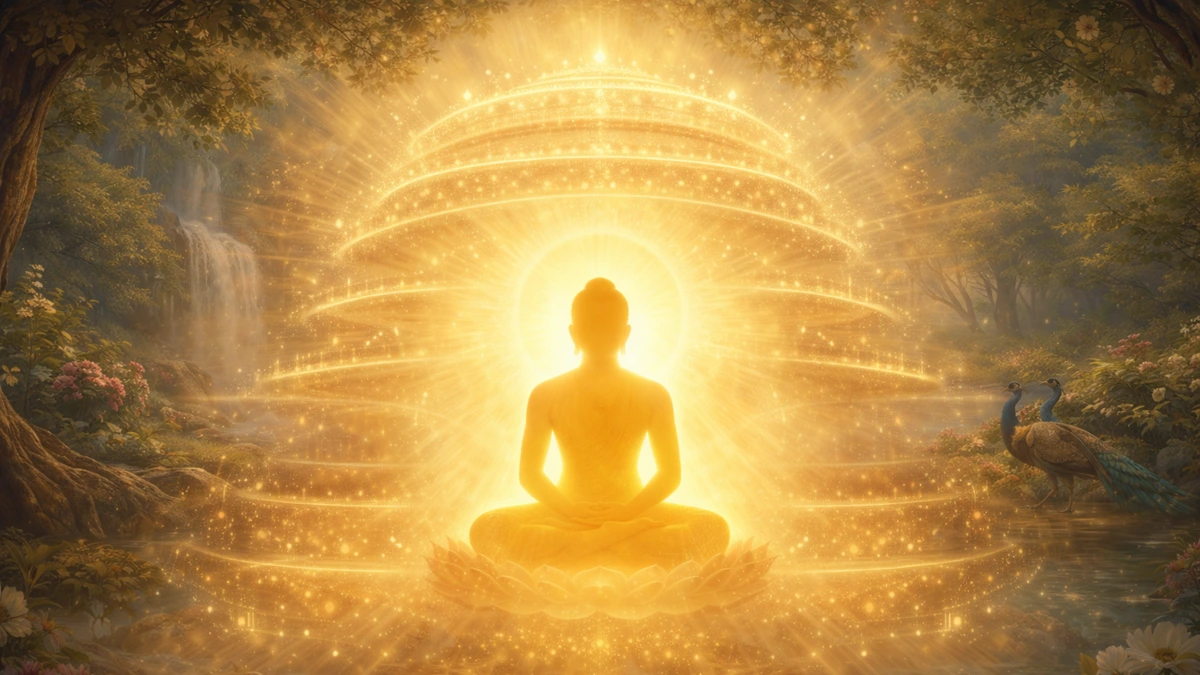 जैन तीर्थंकर भगवान महावीर का समवसरण में ध्यानरत प्रतीकात्मक प्रकाश-स्वरूप, जैन भक्ति और आध्यात्मिक शांति का दिव्य दृश्य