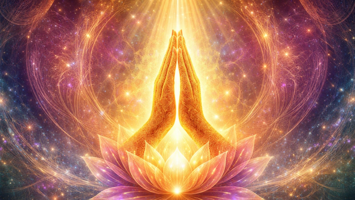Abstract Namaste spiritual wallpaper with glowing light and lotus energy