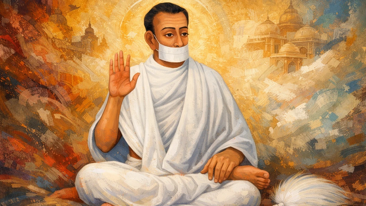 16:9 artistic Indian abstract art wallpaper of Acharya Bhikshu, founder of Jain Shwetambar Terapanth, depicted in serene meditative posture with white robes, muhapatti, rajoharan, and radiant spiritual aura on a warm abstract background