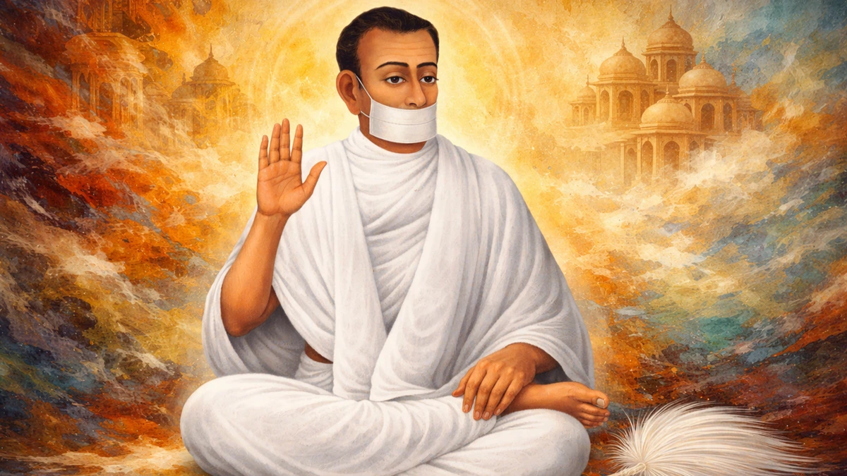 16:9 artistic Indian abstract art wallpaper of Acharya Bhikshu, founder of Jain Shwetambar Terapanth, shown in serene meditative posture with white robes, muhapatti, rajoharan, and radiant spiritual aura against an abstract background