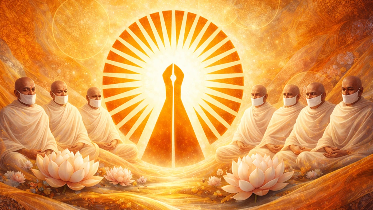 Artistic Indian abstract wallpaper depicting Jain Shwetambar Terapanth Acharyas in white robes meditating around a radiant Jain symbol, with lotus motifs and golden spiritual aura, 16:9 8K