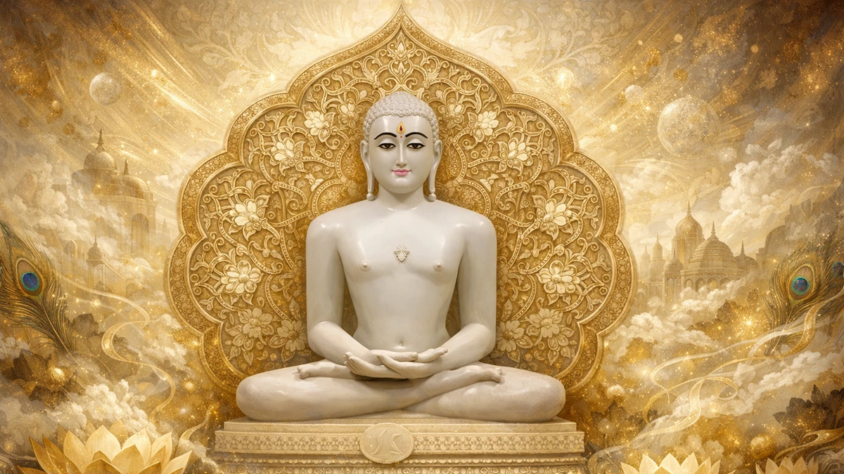 Artistic abstract 8K wallpaper of Jain Tirthankar Mahavir in meditation, serene Indian spiritual art