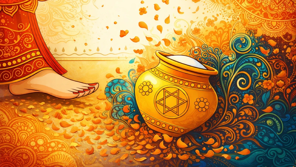 Artistic Indian abstract wallpaper in 16:9 showing traditional Griha Pravesh symbolism with a decorated kalash, flower petals, and a woman’s foot stepping forward, in warm festive colors