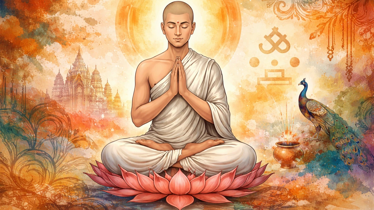 Artistic Indian abstract art wallpaper depicting Jain Tapasya with serene meditative symbolism, spiritual austerity, and minimal devotional aesthetics in 16:9 format