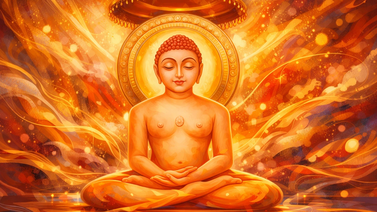 Abstract spiritual meditation art wallpaper in warm golden tones with serene meditative figure and radiant aura, 16:9 high-resolution background