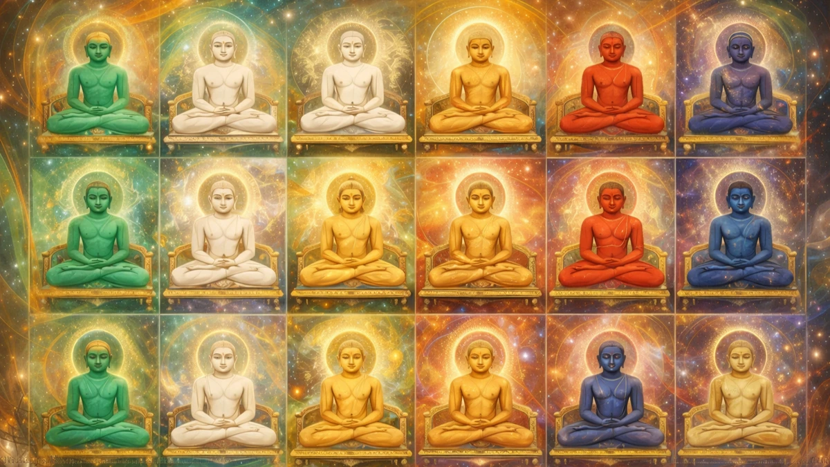 Modern abstract artwork of the 24 Jain Tirthankars in deep meditation, arranged in a harmonious grid with radiant halos and cosmic spiritual energy, ultra-high-resolution 16:9 wallpaper