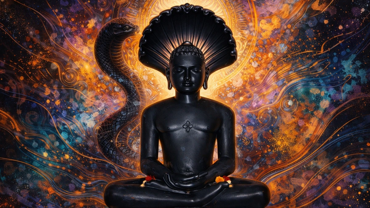 Modern abstract art wallpaper of Jain Tirthankar Parshvanath in deep meditation with serpent hood, spiritual aura, and vibrant artistic background in 16:9 high resolution