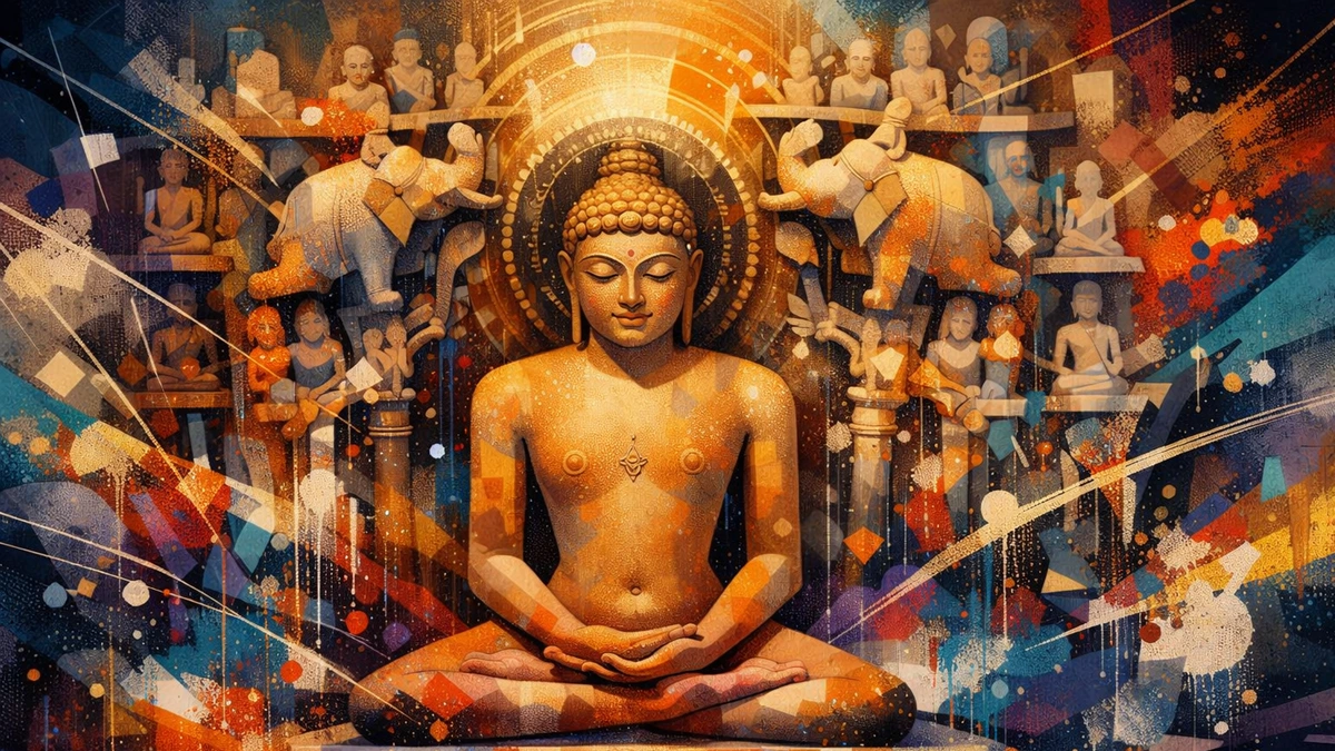 Modern artistic abstract wallpaper of Jain Tirthankar Mahavir in deep meditation, vibrant colors, serene spiritual art, 16:9 8K resolution