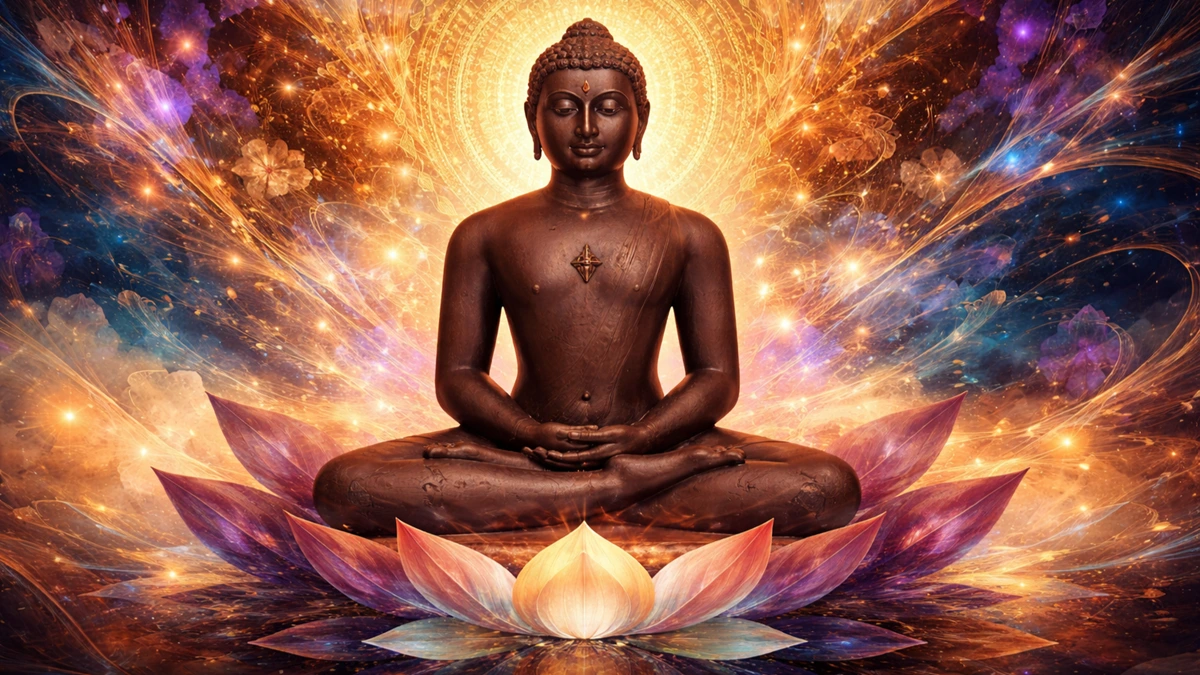 Modern artistic abstract wallpaper of Lord Mahavir in serene meditation, Jain Tirthankara artwork in vibrant colors, 16:9 high-resolution spiritual background