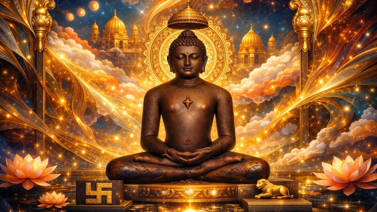 Modern artistic abstract wallpaper of Jain Tirthankara Mahavira in deep meditation, glowing golden aura, lotus symbols and cosmic light pathways representing the spiritual journey to Siddha Pad, 16:9 high-resolution devotional art.