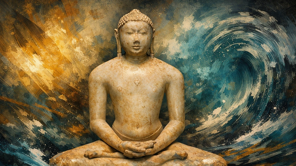 Modern abstract artistic wallpaper of an ancient stone statue of Lord Mahavir in meditation, serene Jain spiritual art, 16:9 8K resolution