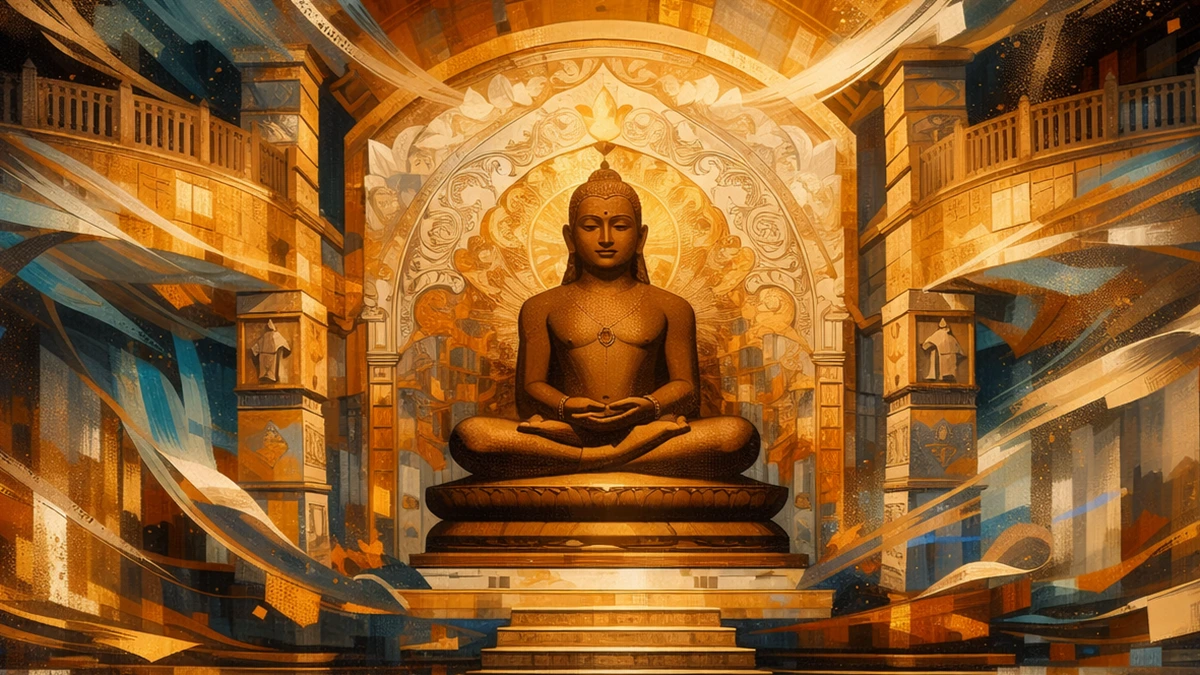 Modern artistic abstract wallpaper of Lord Mahavir in deep meditation, golden and blue geometric forms radiating serenity, Jain spiritual art in 16:9 high-resolution format