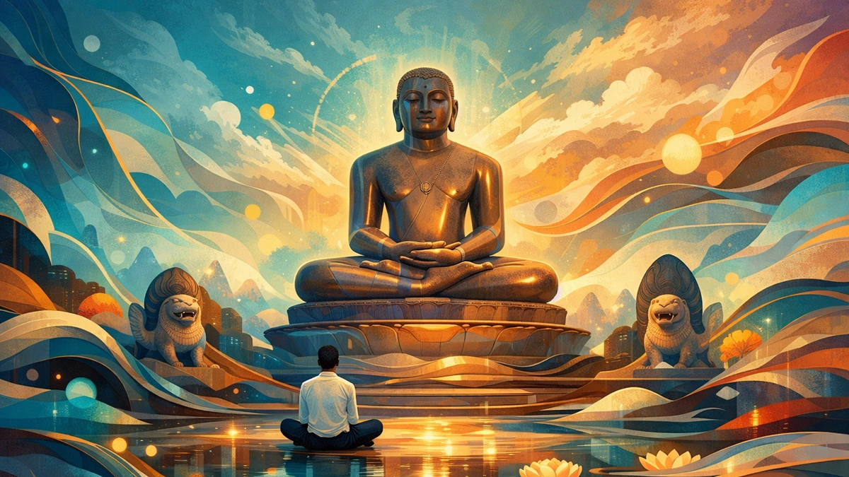 Modern abstract Jain meditation art wallpaper featuring a serene Tirthankara in deep dhyāna, symbolizing ahimsa, inner peace, and spiritual enlightenment in a calm surreal landscape.