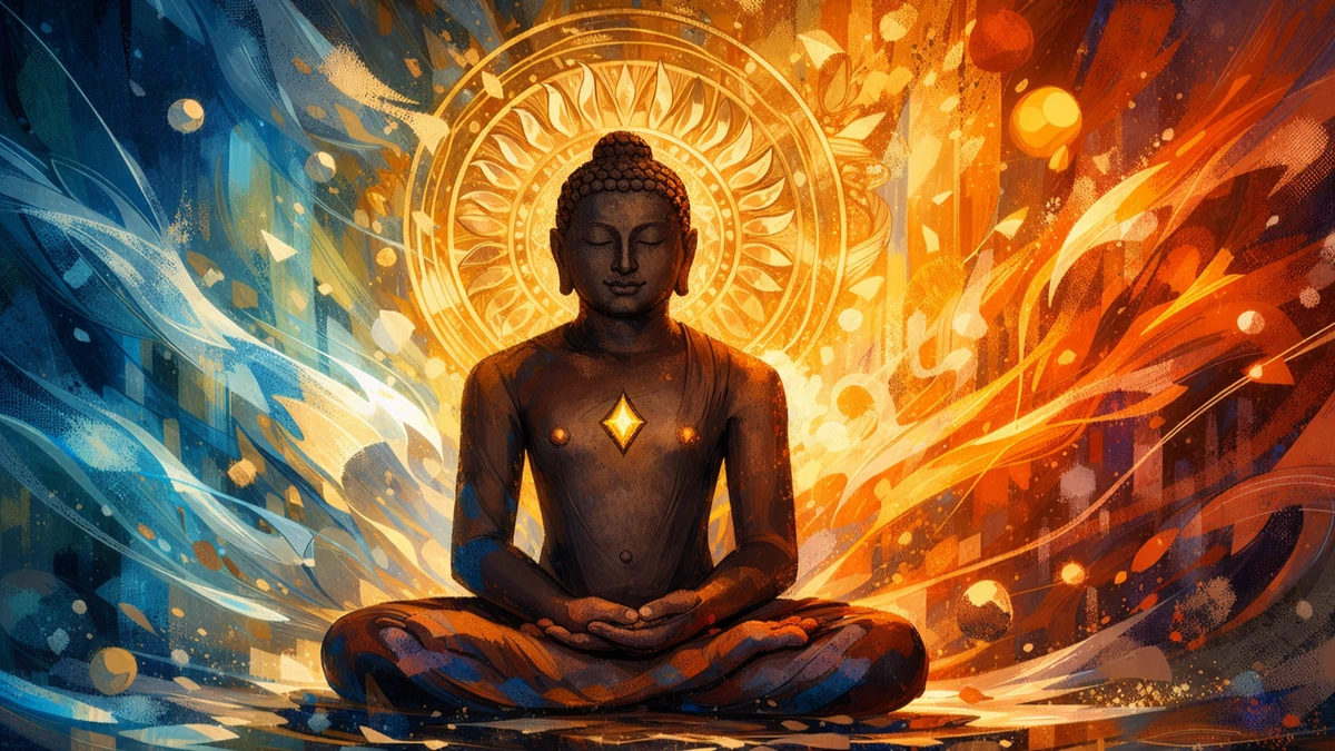 Modern abstract art meditation wallpaper in 16:9 ultra-HD, depicting a serene meditating figure surrounded by flowing energy, soft light, and calming colors, symbolizing inner peace and mindfulness