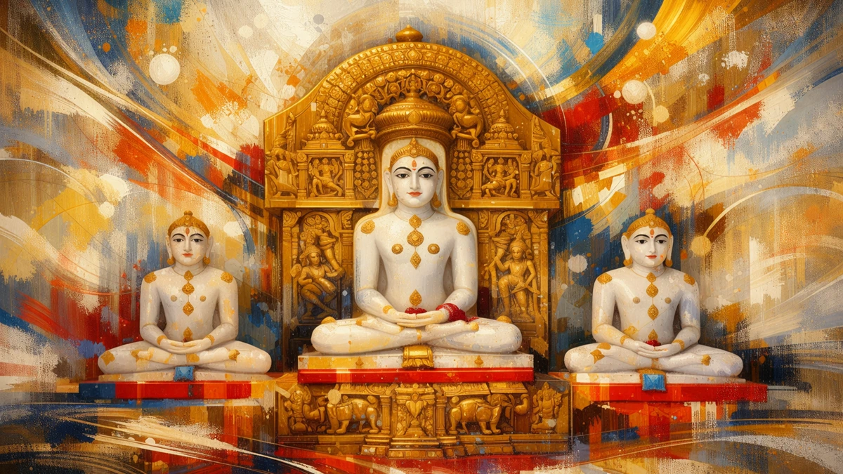 Modern abstract Jain Tirthankars meditation wallpaper in serene marble form with radiant artistic background, symbolizing peace, purity, and spiritual enlightenment