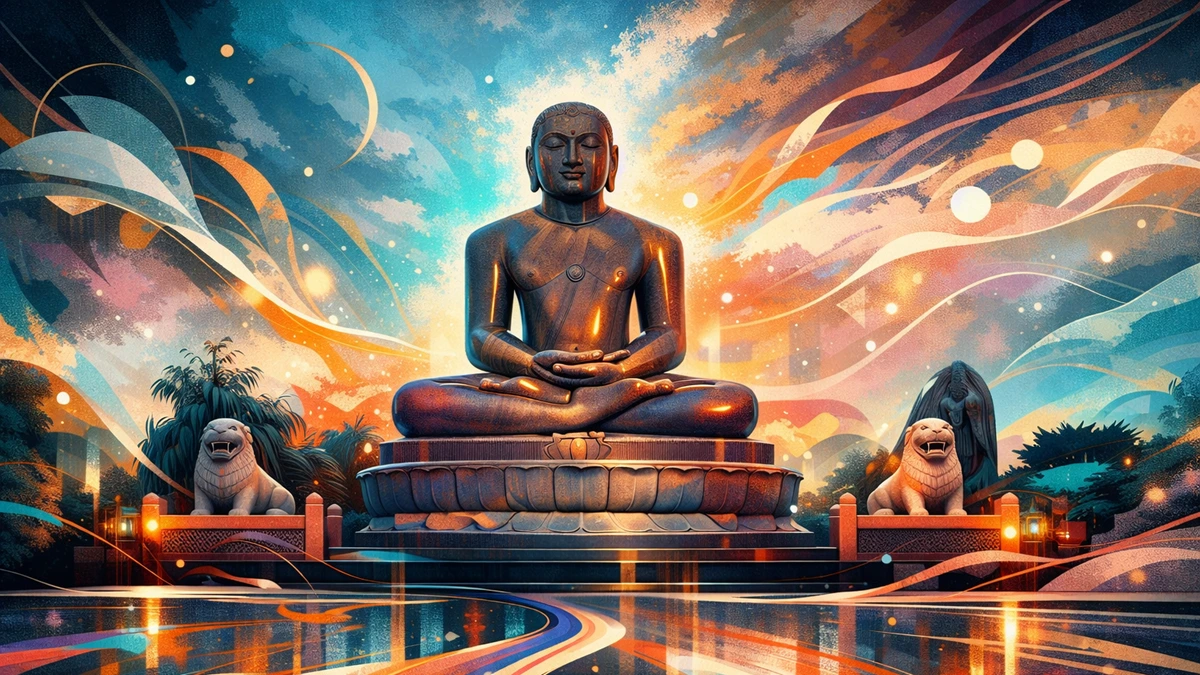 Modern abstract art wallpaper of Lord Mahavir in deep meditation, Jain spiritual theme with serene colors and artistic light, 16:9 high-resolution devotional background