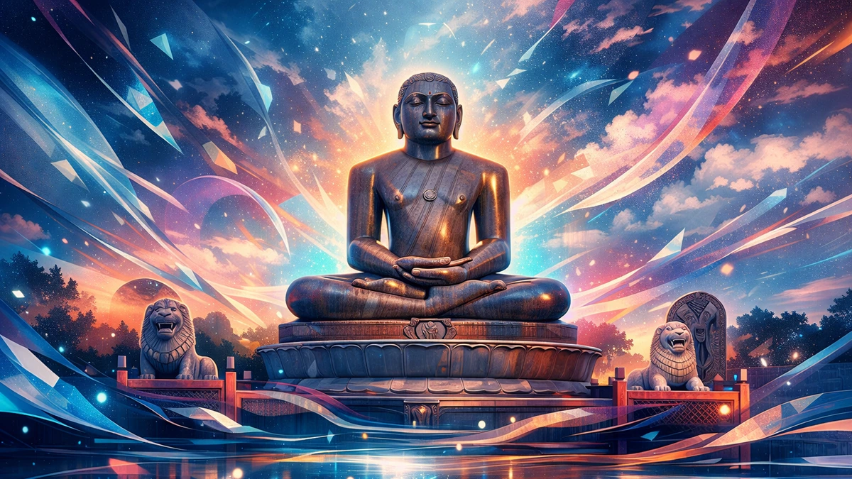 Modern abstract digital art wallpaper of Lord Mahavir in deep meditation, serene Jain spiritual statue with glowing cosmic colors, symbolizing peace, enlightenment, and inner harmony in ultra-high resolution.