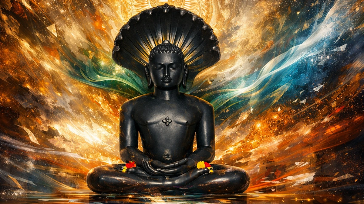 Modern grand abstract art wallpaper of Lord Parshavanath, Jain 23rd Tirthankara, meditating in lotus posture with serpent hood, cosmic light effects, ultra-high-resolution 16:9 spiritual artwork