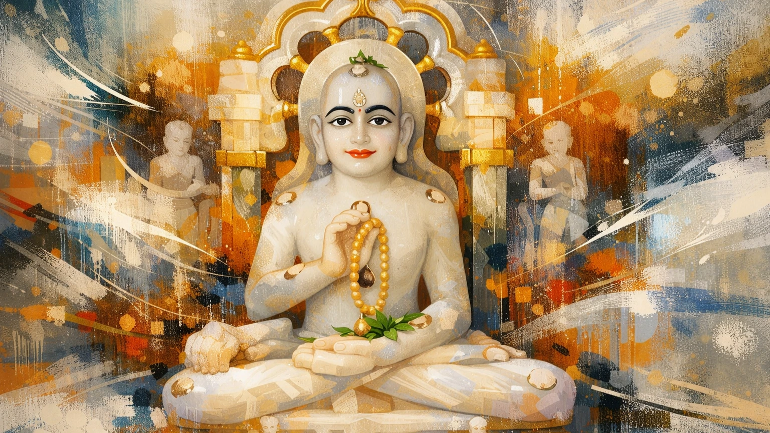 Modern artistic abstract wallpaper of Gautam Gandhar meditating with golden accents and abstract spiritual background