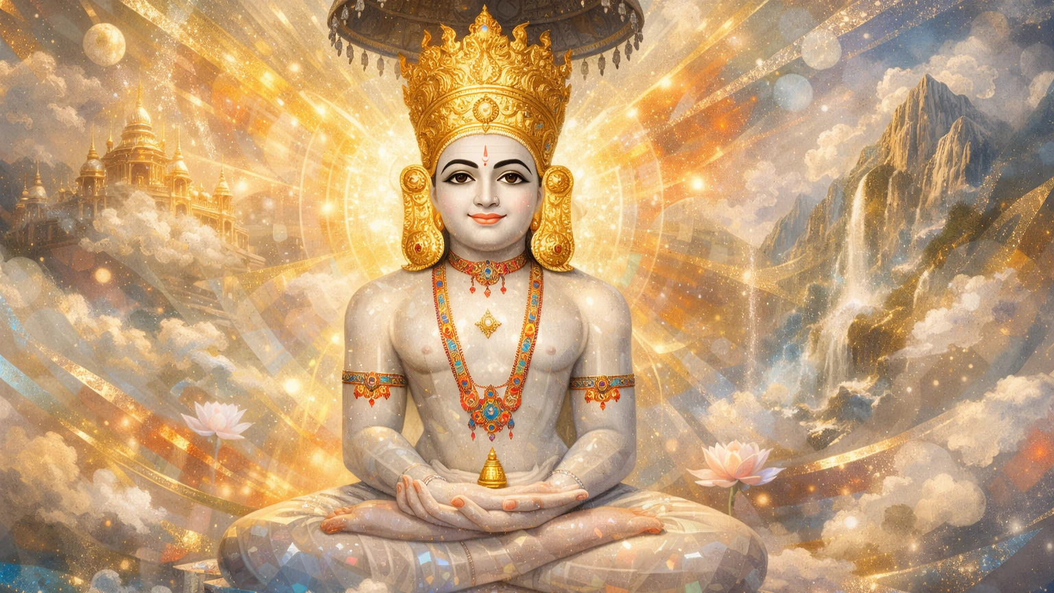 Simandhar Swami Bhagwan modern artistic abstract wallpaper with golden aura, serene meditation pose, and celestial spiritual background