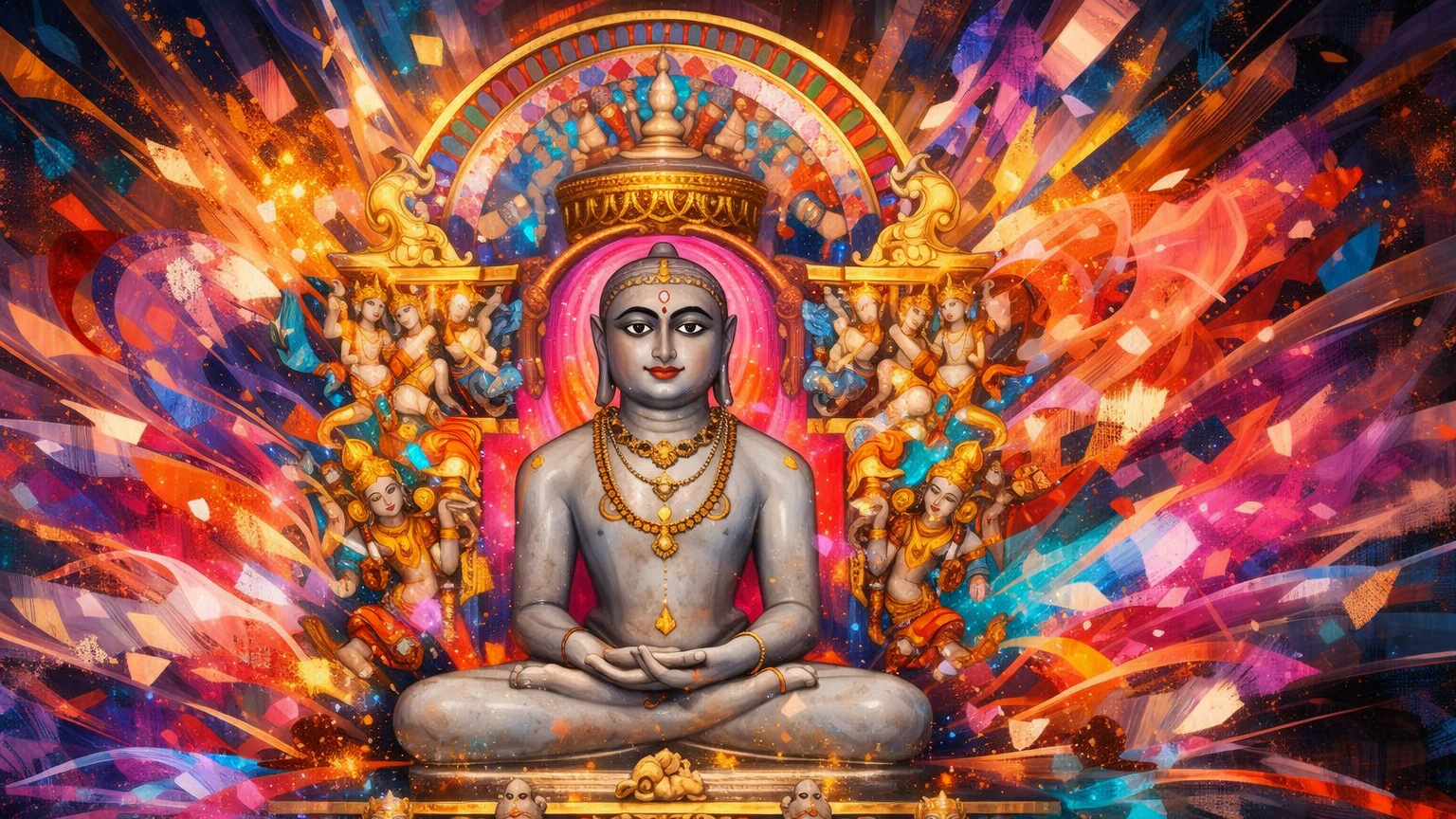Modern artistic abstract wallpaper of Jain Tirthankar meditating in lotus pose with vibrant colorful divine aura and intricate spiritual background