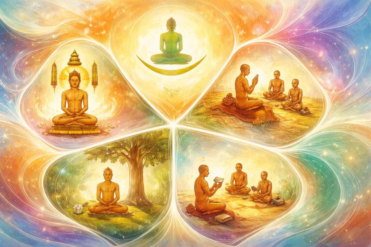 Modern artistic abstract 8K wallpaper of Jain Panch Parmeshthi depicting Arihant, Siddha, Acharya, Upadhyaya and Sadhu in radiant spiritual cosmic theme