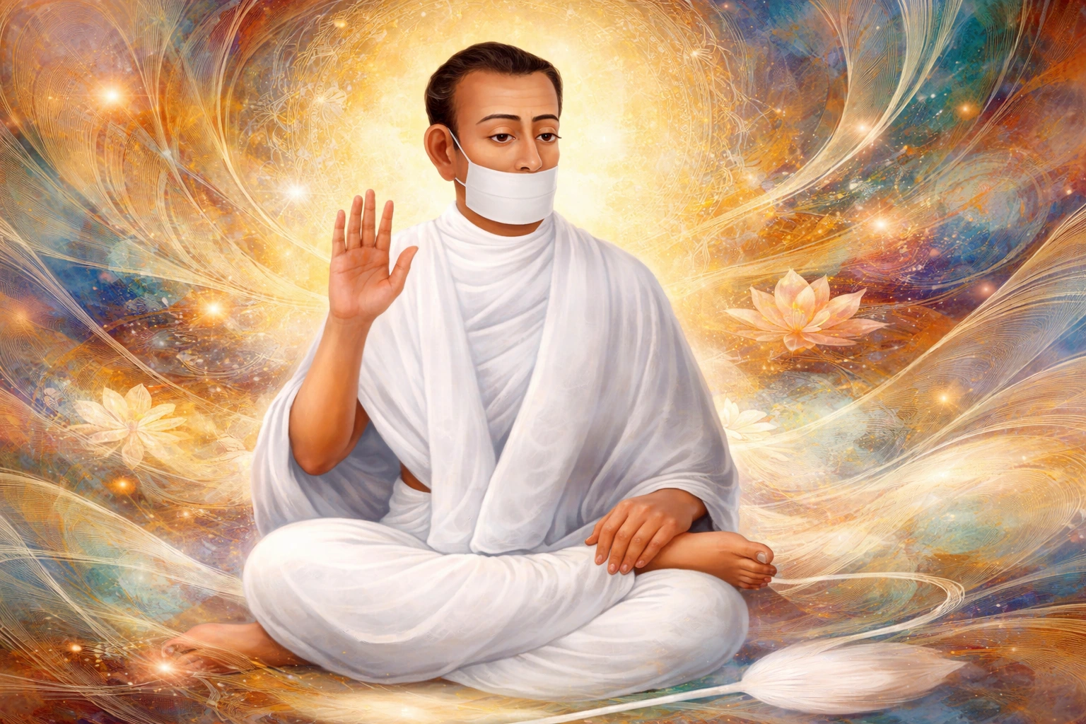 Modern abstract artistic 16:9 8K wallpaper of Acharya Bhikshu in white robes with muhapatti, seated in blessing posture against glowing mandala and lotus background