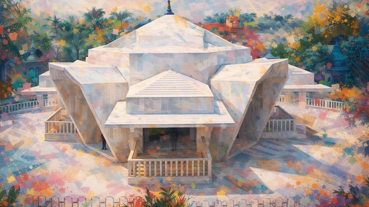 Modern artistic abstract 8K wallpaper of Siriyari Bhikshu Samadhi Sthal with white marble lotus-inspired architecture and vibrant colorful background (16:9)