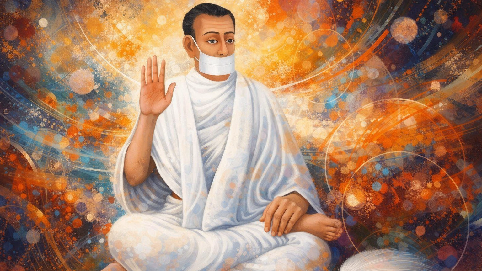 Modern artistic abstract 16:9 wallpaper of Jain monk Acharya Bhikshu in white robes with muhapatti, seated in meditation with raised blessing hand against a vibrant abstract background