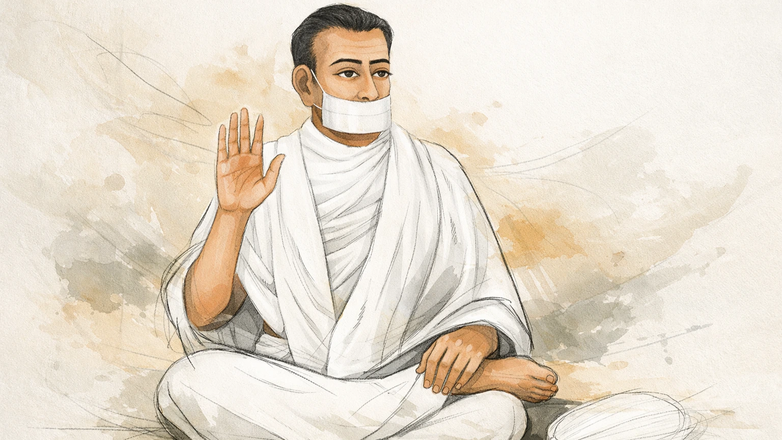 Modern minimalistic abstract sketch art wallpaper of Jain Acharya Bhikshu seated in meditation with muhpatti and rajoharan in 16:9 format