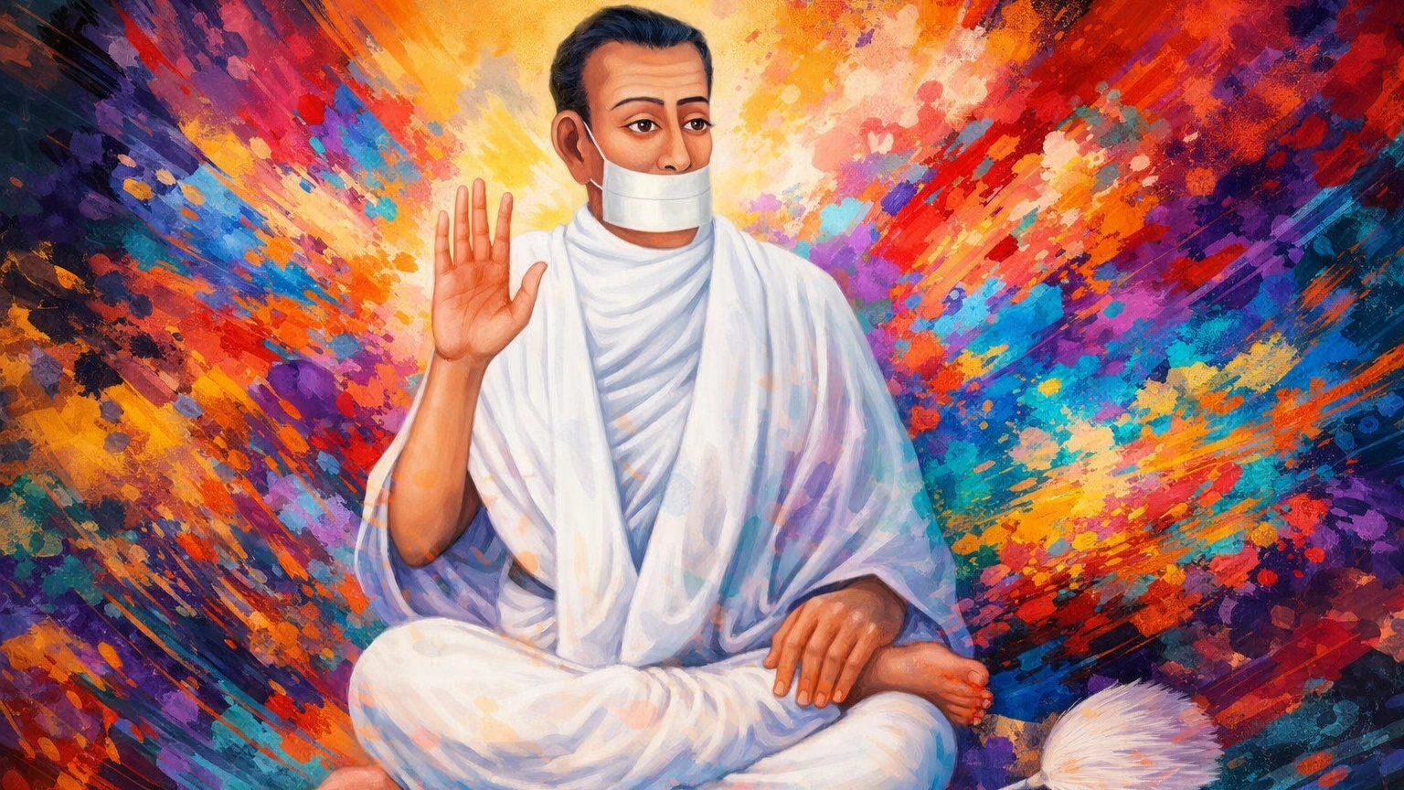 Modern artistic abstract 8K painting wallpaper of Acharya Bhikshu in white Jain monk attire with vibrant colorful background