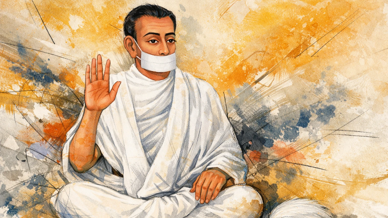 Modern abstract artistic sketch wallpaper of Acharya Bhikshu in white Jain monk attire with muhapatti, seated in blessing posture, 16:9 8K spiritual background