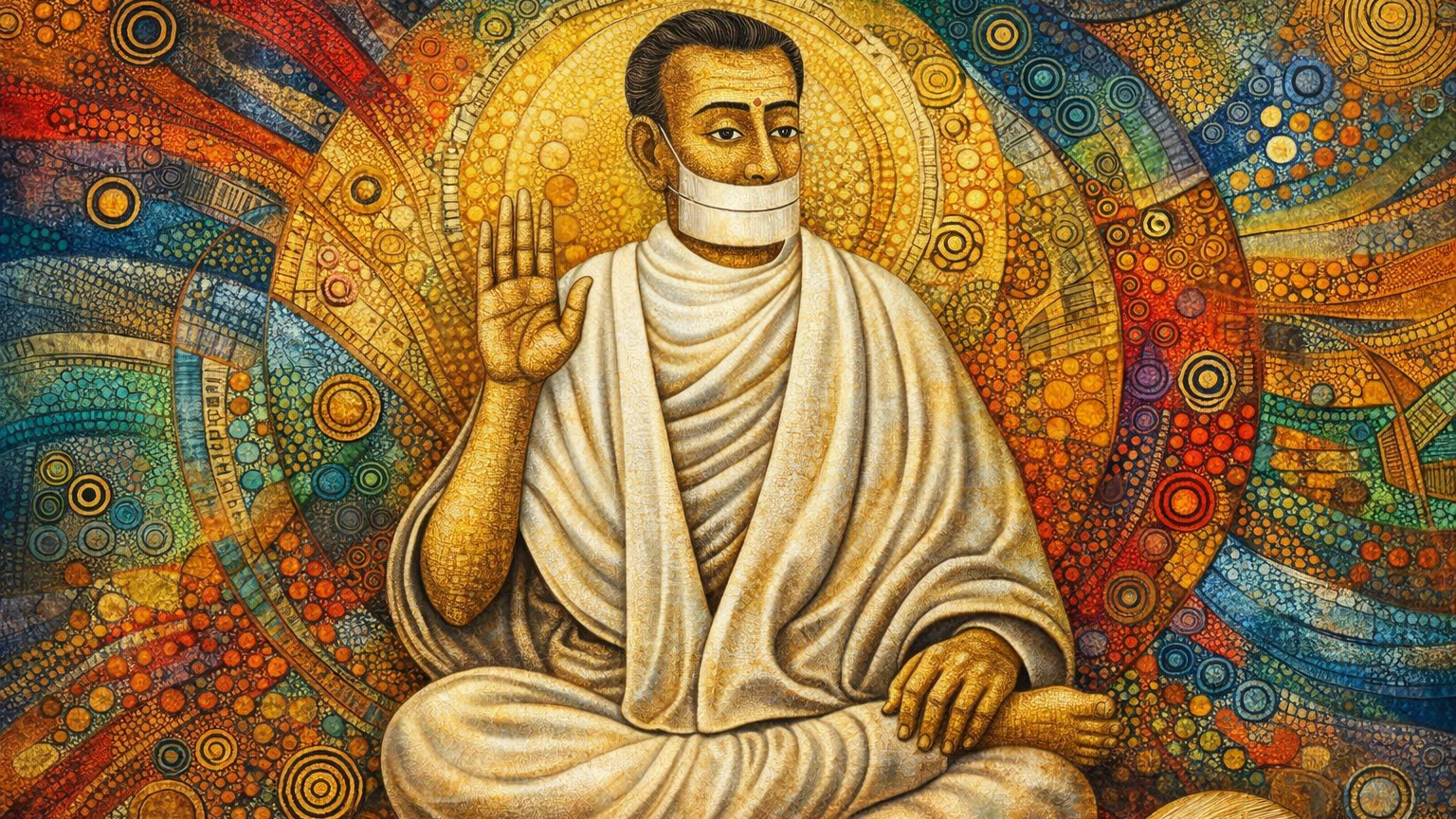 Modern abstract Dhokra art wallpaper of Jain Terapanth Acharya Bhikshu in golden metallic texture, blessing pose with muhapatti, vibrant circular tribal background, 16:9 8K resolution