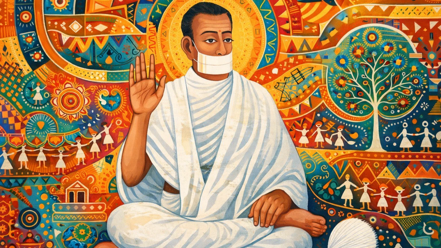 Modern abstract Warli art wallpaper of Jain Terapanth Acharya Bhikshu seated in meditation with raised blessing hand, 16:9 8K artistic illustration