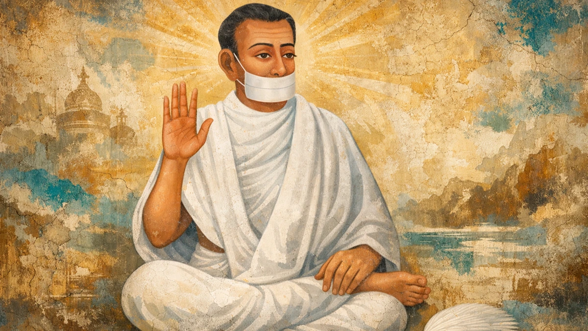 Modern abstract fresco art wallpaper of Jain Terapanth Acharya Bhikshu in white robes with muhapatti, blessing pose, golden textured background, 16:9 format