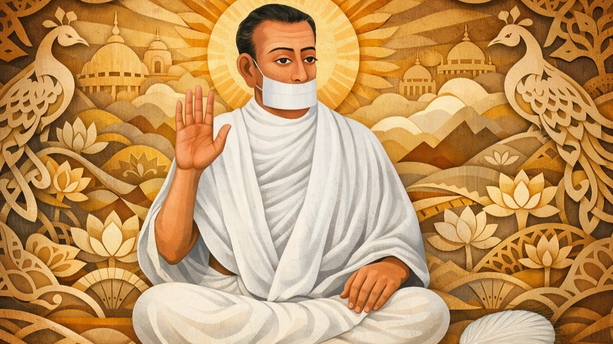 Modern abstract Sanjhi art wallpaper of Jain Terapanth Acharya Bhikshu in white robes with muhapatti, seated in blessing posture with golden halo and intricate lotus patterns background.