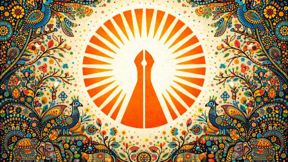 Modern abstract Bhil art wallpaper of Jain Terapanth symbol with vibrant tribal dot patterns, peacocks, elephants, and floral motifs in 16:9 format