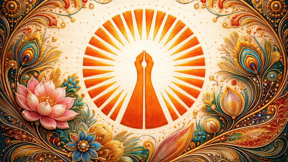 Modern artistic abstract Akyobi embroidery art wallpaper of Jain Terapanth symbol with radiant orange rays and intricate floral design in 16:9 format