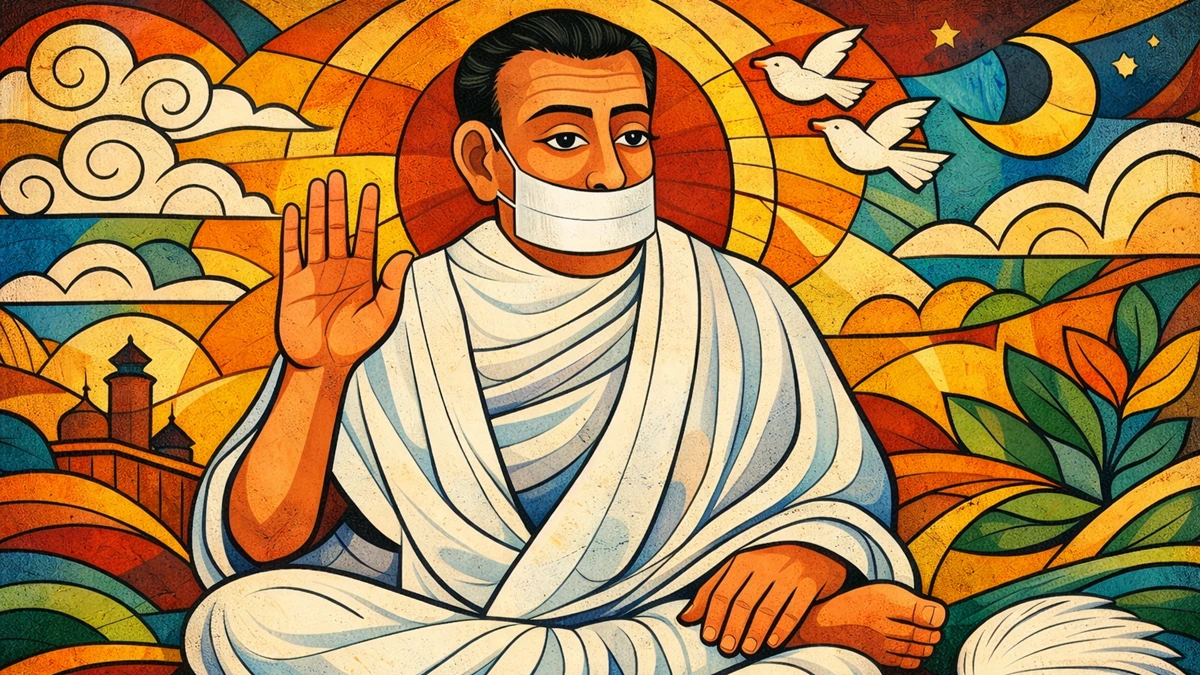 Modern abstract Patua art wallpaper of Jain Terapanth Acharya Bhikshu in white robes with muhapatti, blessing gesture, vibrant 16:9 background