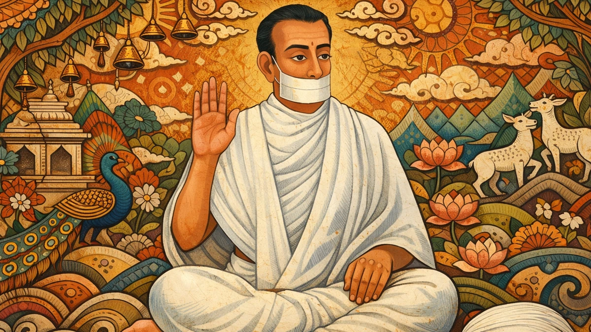 Modern artistic abstract Pattachitra style wallpaper of Jain Terapanth Acharya Bhikshu in 16:9 format, seated in meditation with muhapatti and traditional white robes.