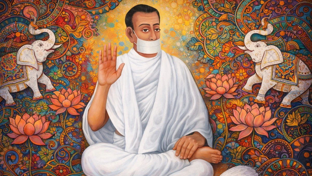 Modern abstract Pinguli art wallpaper of Jain Terapanth Acharya Bhikshu in white robe with muhapatti, seated in blessing posture, vibrant lotus and elephant motifs, 16:9 8K resolution