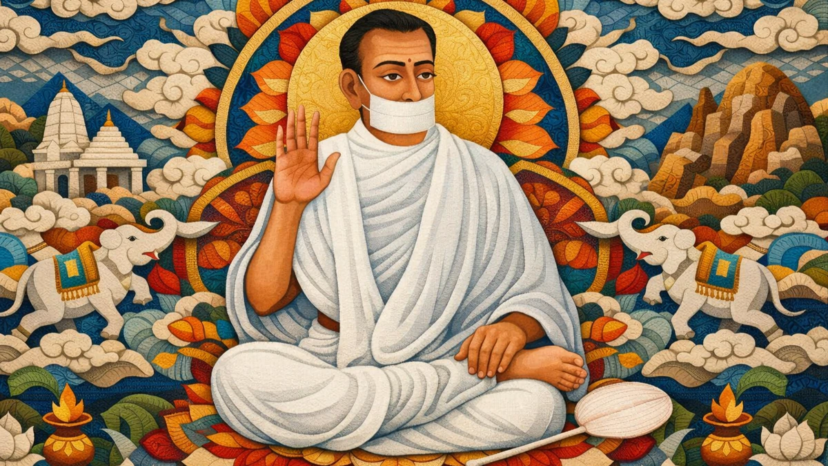 Modern artistic abstract wallpaper of Jain Terapanth Acharya Bhikshu seated in blessing posture with muhapatti