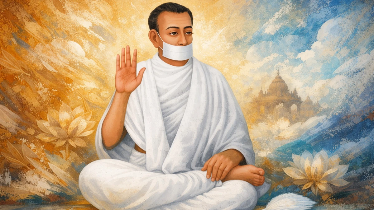 Modern artistic abstract wall mural of Jain Terapanth Acharya Bhikshu in white robe with muhapatti, seated in blessing posture, 16:9 spiritual wallpaper (no tilak)