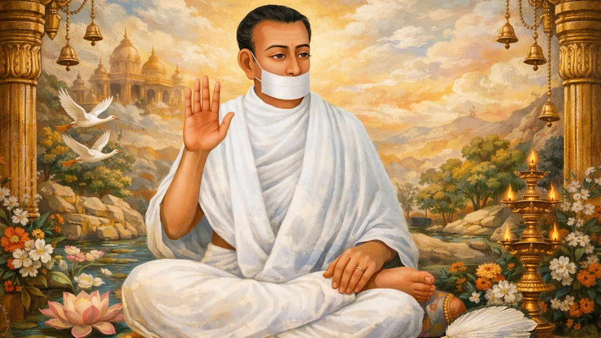 Modern artistic abstract Tirupati school painting style wallpaper of Jain Terapanth Acharya Bhikshu seated in blessing posture with muhapatti, 16:9 spiritual mural art